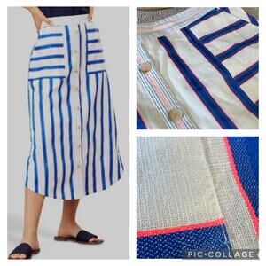 NEW Size 14 JOULES Orielle Navy Blue Stripe Linen Blend Midi Skirt White Blue